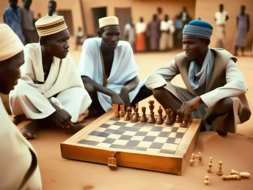 Un grupo de personas se concentra en una partida de ajedrez chadiano, mostrando su impacto cultural y la tradición de la comunidad.
