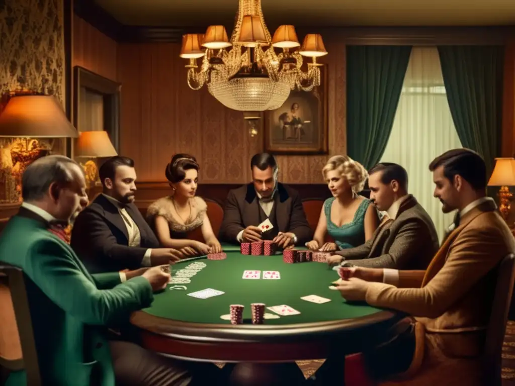 Un grupo de personas juega una partida de cartas en un ambiente vintage con una atmósfera nostálgica y concentrada. <b>Juegos de cartas y matemáticas.