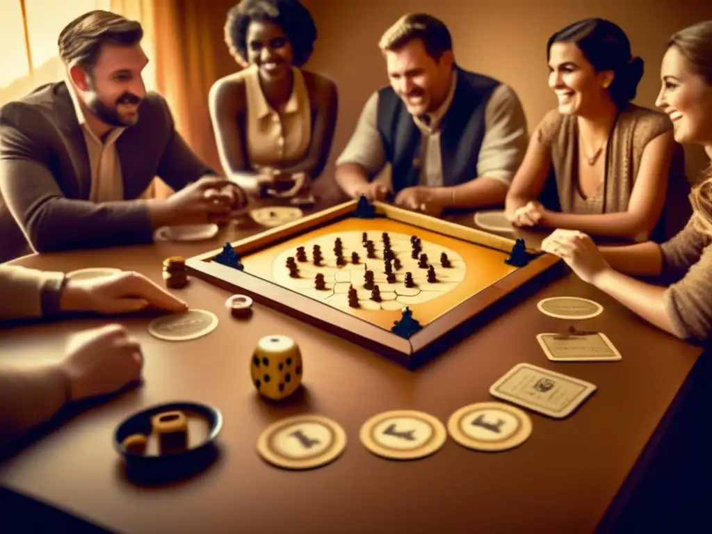 Un grupo de personas disfruta de una partida de Catan, con intensa concentración y emoción. El tablero y las piezas crean un impacto cultural en los juegos de mesa modernos.