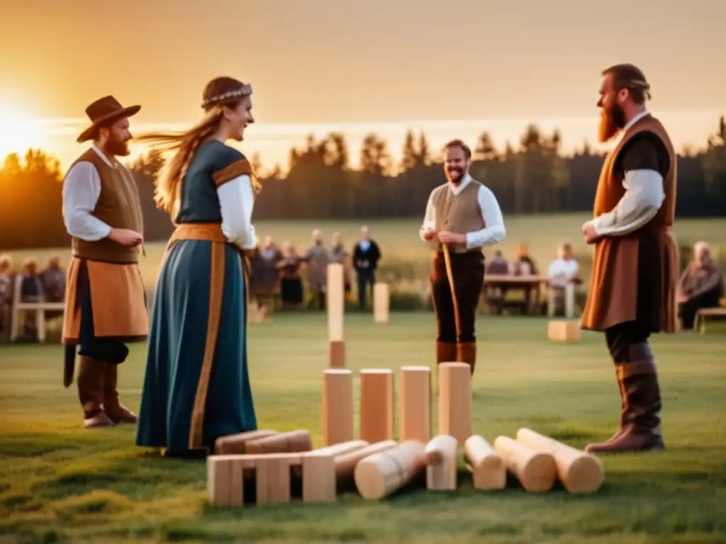 Un grupo de personas disfruta del resurgimiento del Kubb Vikingo, vistiendo atuendos vikingos y compitiendo en un campo al atardecer.
