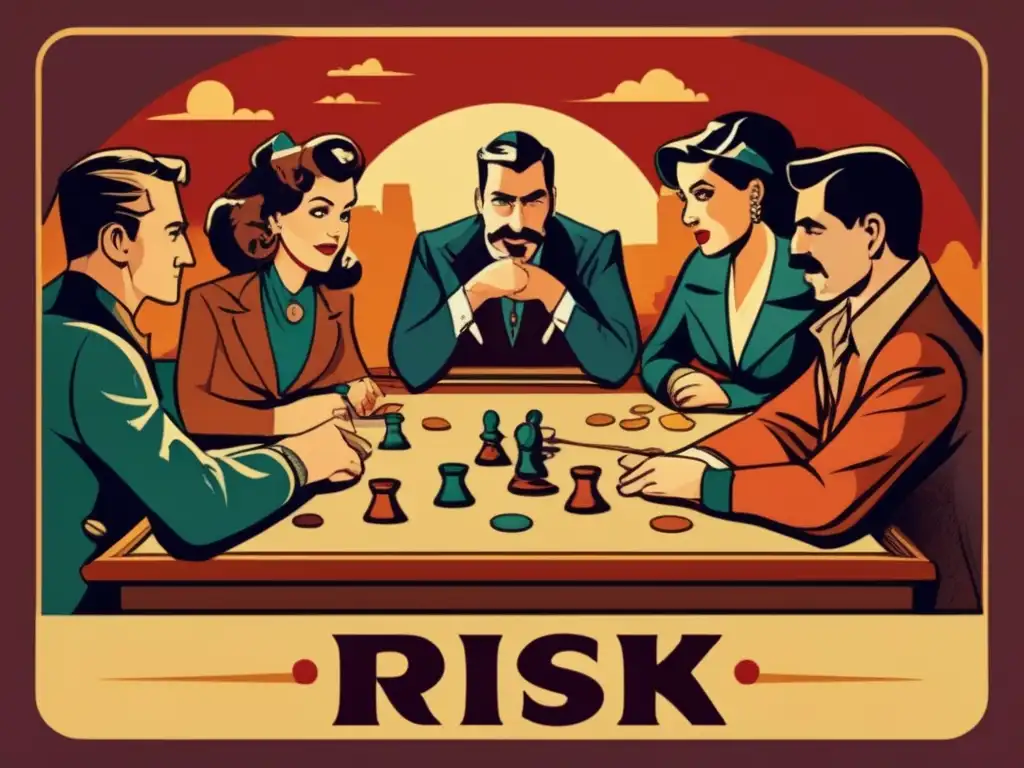 Un grupo de personas juega Risk en una ilustración detallada y vintage. <b>Muestra estrategia, decisiones y camaradería.