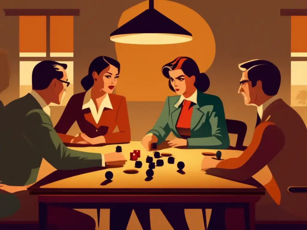 Un grupo de personas juega Risk en una mesa, con expresiones concentradas. <b>La habitación está en penumbra, creando una atmósfera de tensión estratégica.</b> <b>Psicología decisiones estrategia global Risk.