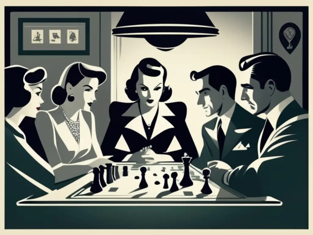 Un grupo de personas en ropa de los años 40 juega un juego de mesa con elementos de criptoanálisis, creando una atmósfera misteriosa y estratégica.
