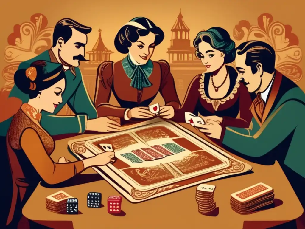 Un grupo de personas en ropa de época disfruta de un juego de mesa, mostrando el diseño de cartas. <b>La imagen emana nostalgia y camaradería.