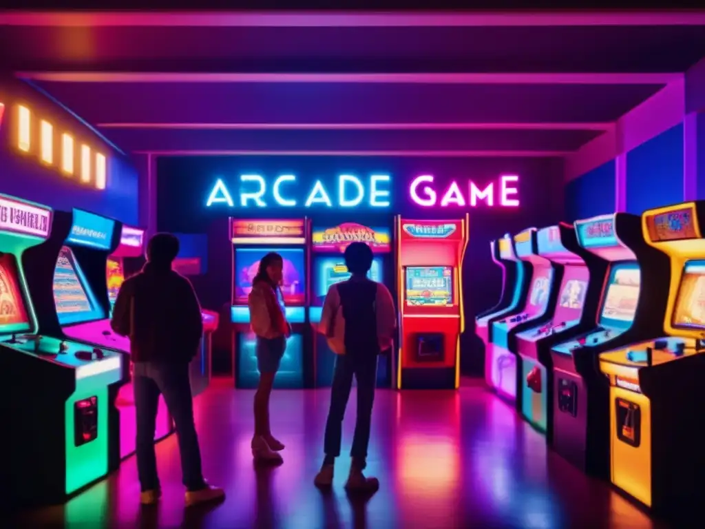 Un grupo de personas compiten en una sala de juegos de los años 80, inmersos en la atmósfera nostálgica y emocionante de la cultura de los juegos.