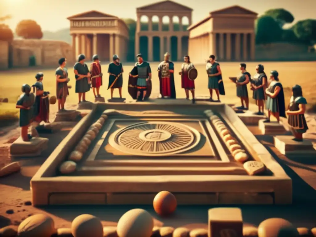 Un grupo de personas vestidas con atuendos romanos juega Morris en ruinas antiguas, destacando el origen histórico del juego.