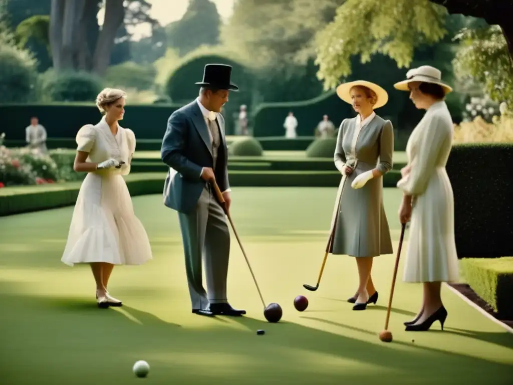 Un grupo de personas elegantemente vestidas juega croquet en un exuberante jardín europeo, evocando la historia del croquet en Europa.