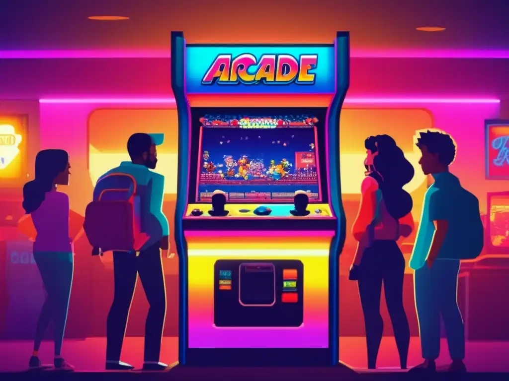 Un grupo de personas disfruta de un videojuego retro en una sala iluminada por la pantalla colorida de un arcade vintage, creando una atmósfera de diversión y emoción. La psicología de los videojuegos se ve reflejada en la expresión de sus rostros.