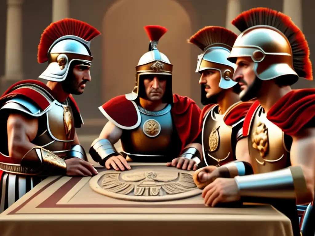 Un grupo de soldados romanos juega estrategia militar Ludus Latrunculorum en una atmósfera auténtica de la antigua Roma.