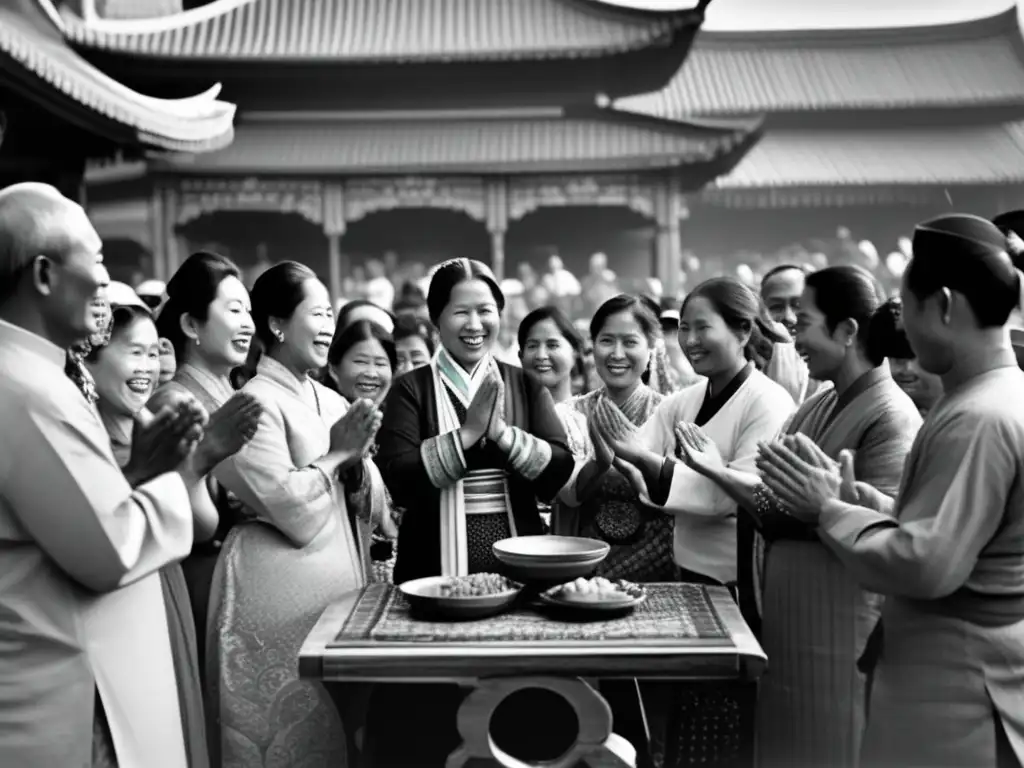 Un grupo en trajes asiáticos juega palmas en un bullicioso mercado. Origen y evolución del juego de palmas en Asia.