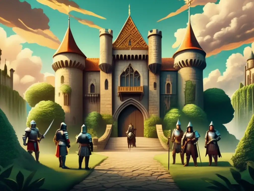 Un grupo de valientes aventureros frente a un majestuoso castillo medieval. <b>Diseño gráfico en juegos de rol.