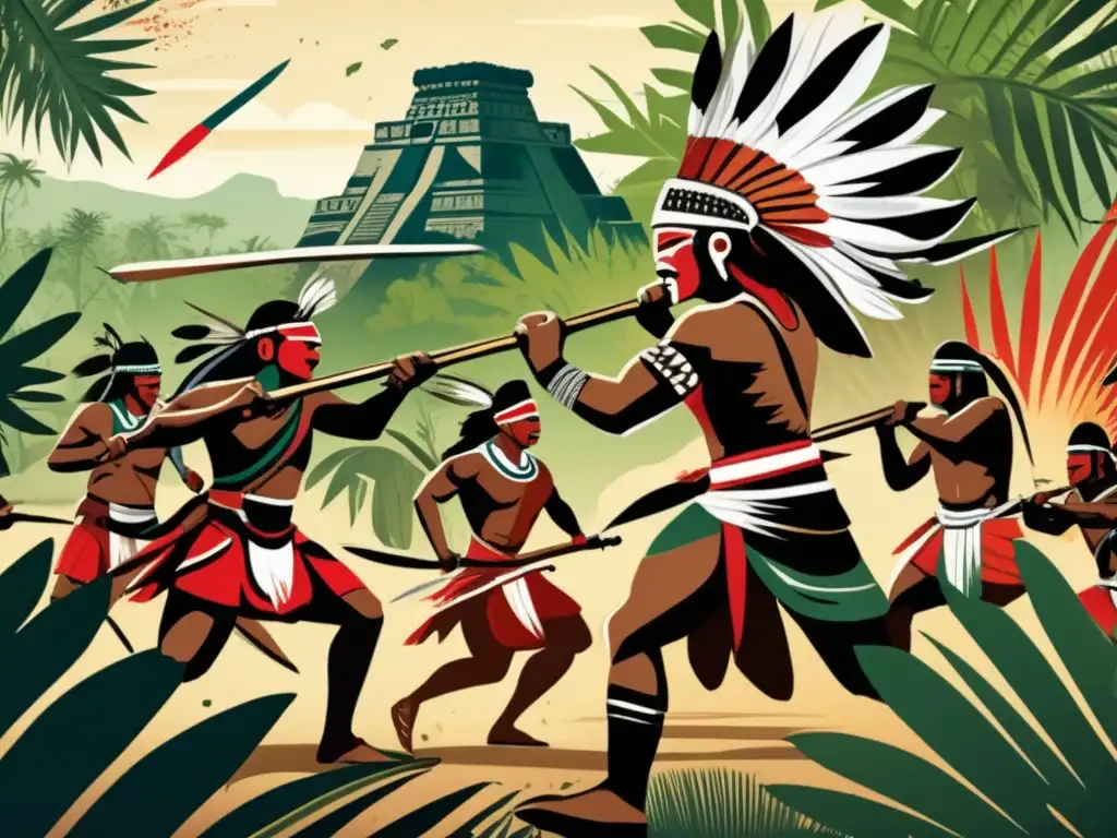 Simulación de Guerras Tribales en Juegos: Ilustración vintage de guerreros indígenas en combate tribal en la selva.