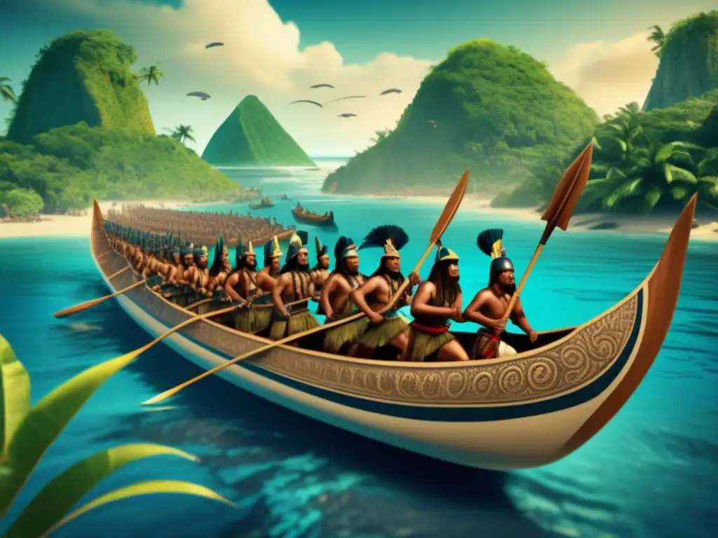 Simulación de Guerras Tribales en Juegos: Antiguas tribus oceánicas luchan en canoas, con islas tropicales de fondo.