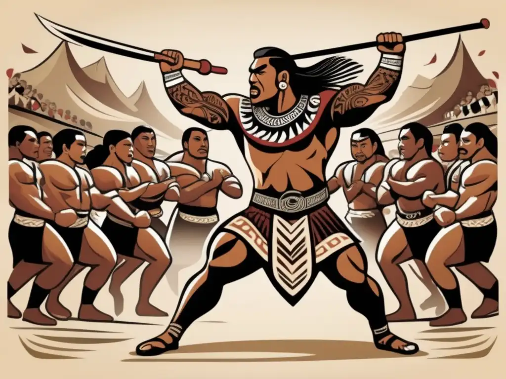 Un guerrero maorí tradicional compite en juegos de fuerza en Oceanía, rodeado de símbolos tribales y espectadores. <b>Su determinación y destreza se reflejan en la ilustración vintage, que captura la rica tradición cultural de las competencias de fuerza en Oceanía.