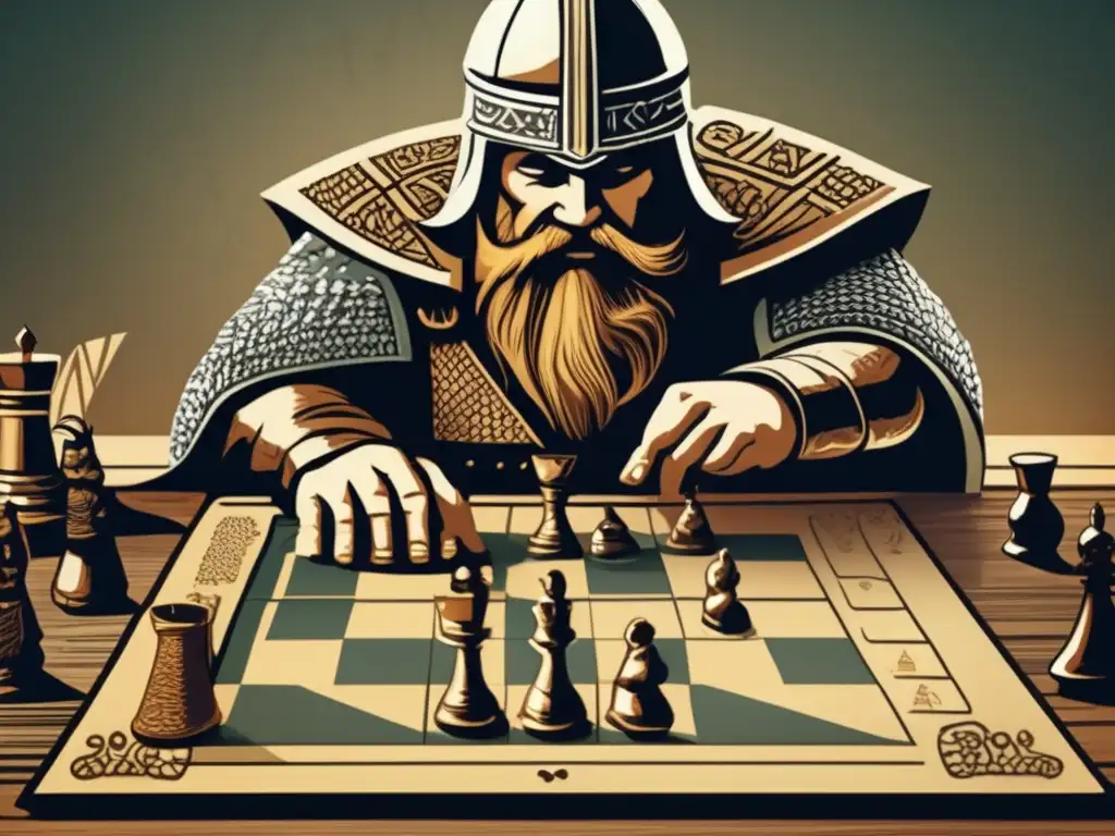 Un guerrero vikingo juega estratégicamente Hnefatafl, un antiguo juego de ajedrez vikingo, en una ilustración vintage llena de detalles.