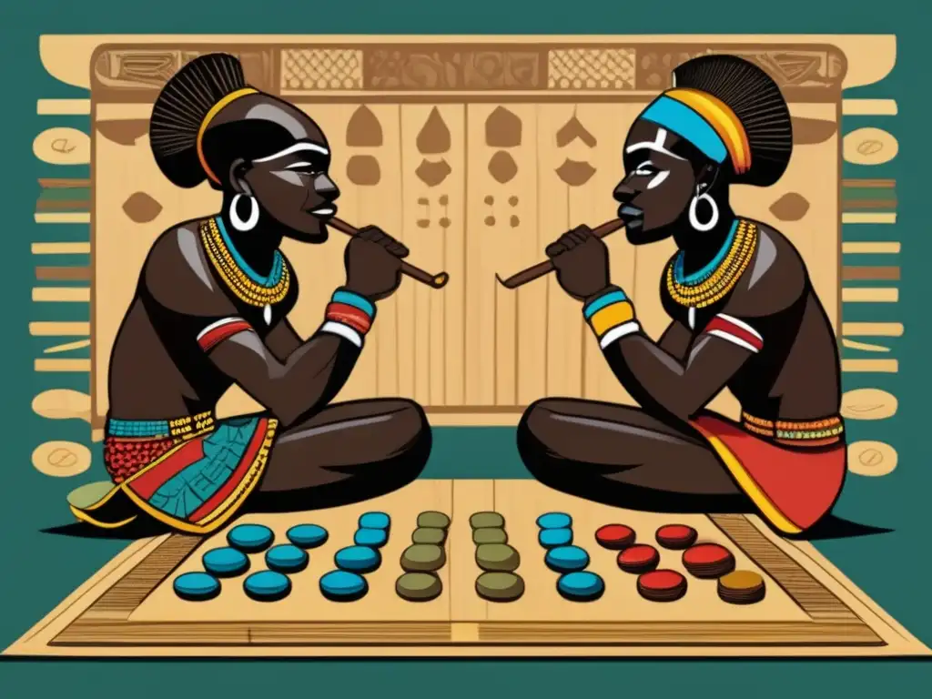 Dos guerreros africanos juegan Ayoayo con concentración, destacando el juego milenario Ayoayo estrategia y la estética vintage.