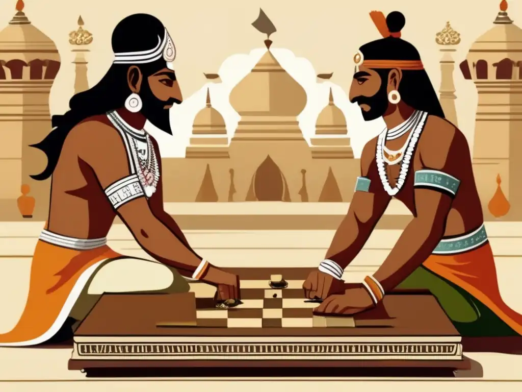 Dos guerreros antiguos juegan Chaturanga en una corte real, evocando el legado estratégico del precursor Chaturanga.
