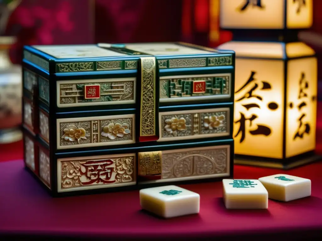 Un hermoso juego de mahjong de marfil tallado con azulejos pintados a mano, sobre una tela de seda brocada ricamente estampada. Los azulejos muestran caracteres y símbolos chinos tradicionales, dispuestos en una mesa lacada adornada con incrustaciones de nácar. <b>La