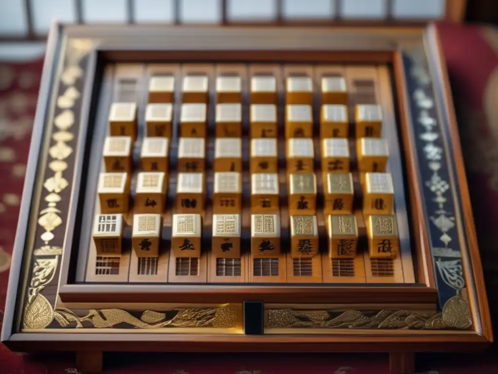 Un hermoso set de shogi con piezas detalladas en madera, sobre una vintage tapicería europea. <b>La luz del sol crea un ambiente acogedor y cálido, fusionando culturas.</b> <b>Historia y evolución del shogi en Europa.