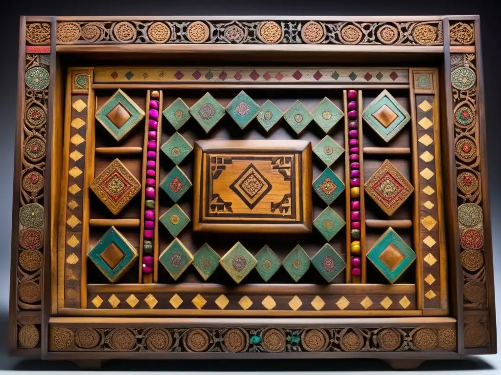 Un hermoso tablero de juegos de Siembra del Sudeste Asiático tallado en madera, con patina antigua y piezas de juego coloridas.