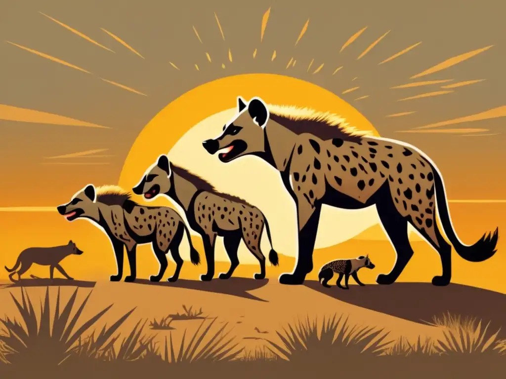 Una ilustración vintage de hienas reunidas alrededor de un cadáver en la sabana africana al atardecer. <b>Destaca el significado simbólico del juego de la hiena.