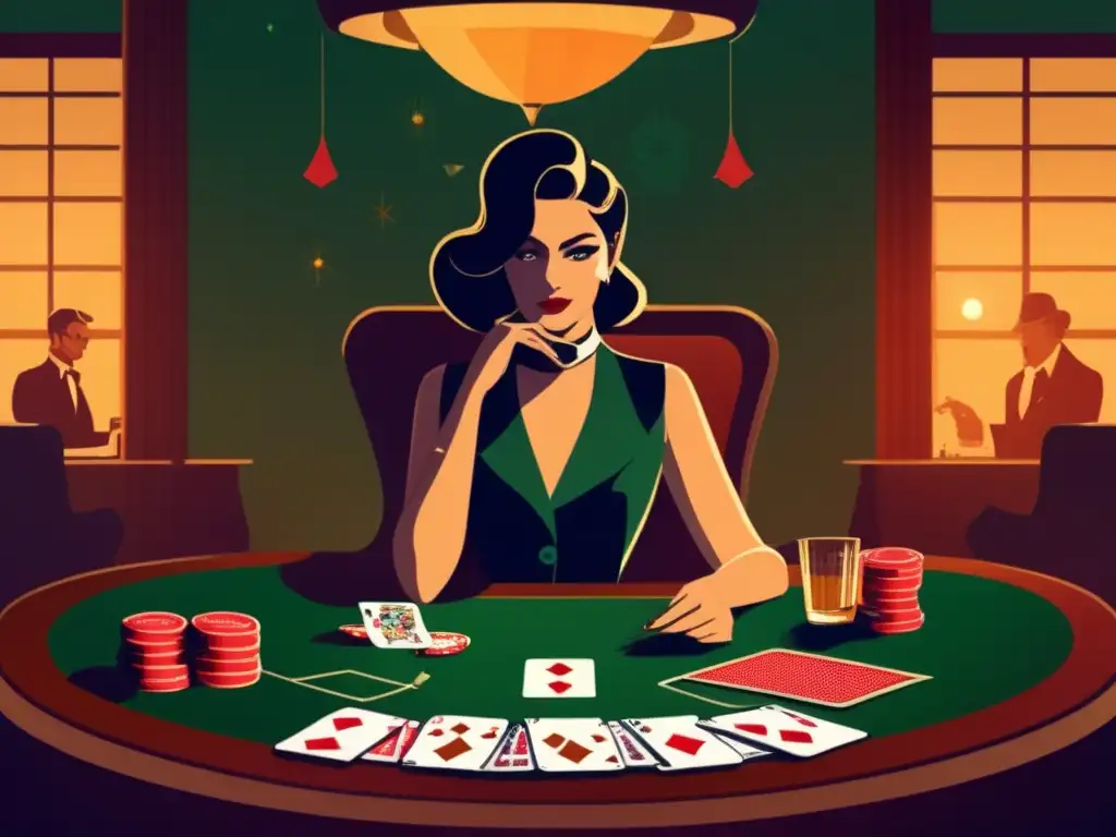Un hombre en una mesa de juego, con cartas y fichas, fumando y bebiendo whisky, en una atmósfera nostálgica de un casino. Psicología juegos azar apuestas