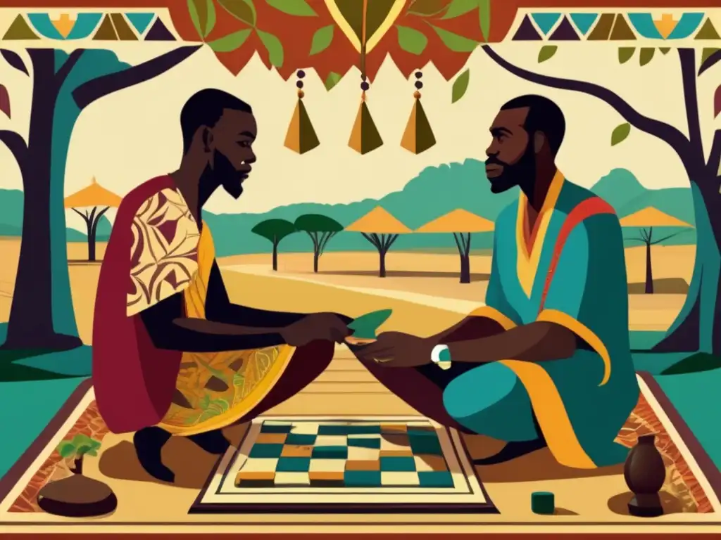 Dos hombres africanos juegan Morabaraba bajo un árbol frondoso, con detalles vintage y colores vibrantes que evocan la estrategia en África.