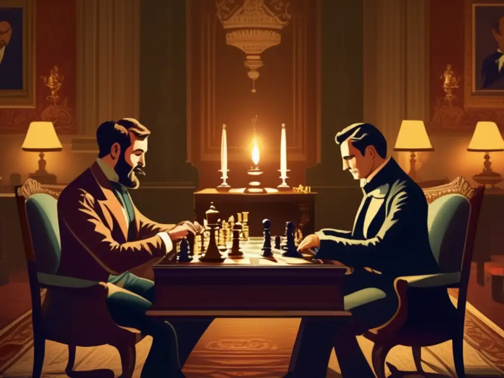Dos hombres juegan ajedrez en una sala victoriana iluminada por velas, creando una atmósfera misteriosa e intelectual. <b>El juego destaca la estrategia y la literatura de Arthur Conan.