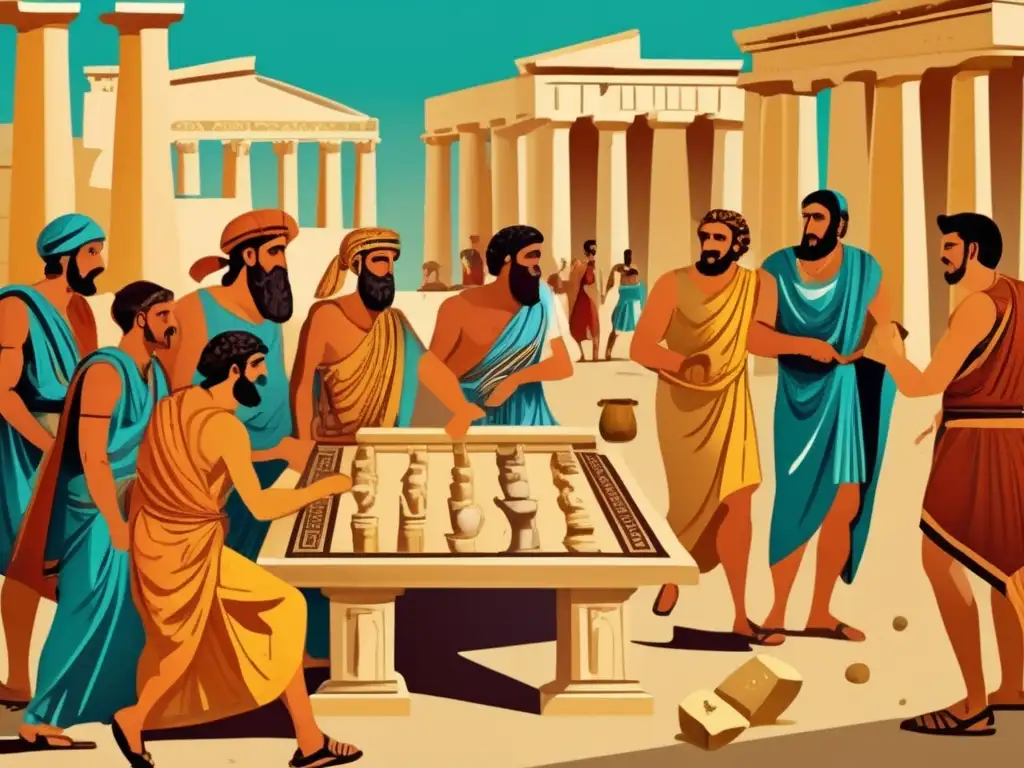 Hombres griegos antiguos juegan con astrágalos en un bullicioso mercado. <b>Se ven piezas de juego detalladas y patrones en la ropa.