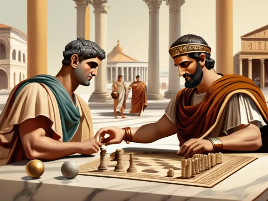 Dos hombres romanos juegan Duodecim Scriptorum en una detallada ilustración vintage. <b>Estrategia y competencia en la antigua Roma.