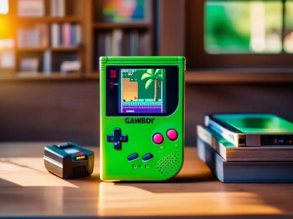 La icónica consola Game Boy rodeada de objetos nostálgicos evoca el impacto cultural de Game Boy en los años 90, bañada por una suave luz.