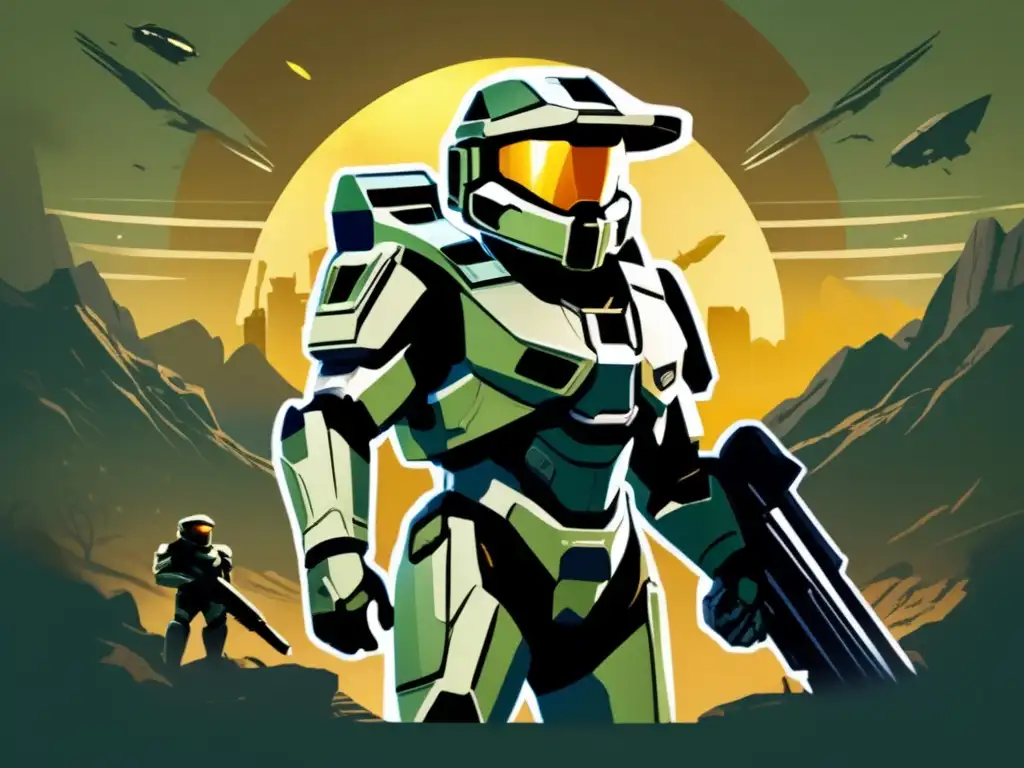 El icónico personaje de Halo, Master Chief, en un campo de batalla futurista, evocando la influencia de Halo en los FPS.