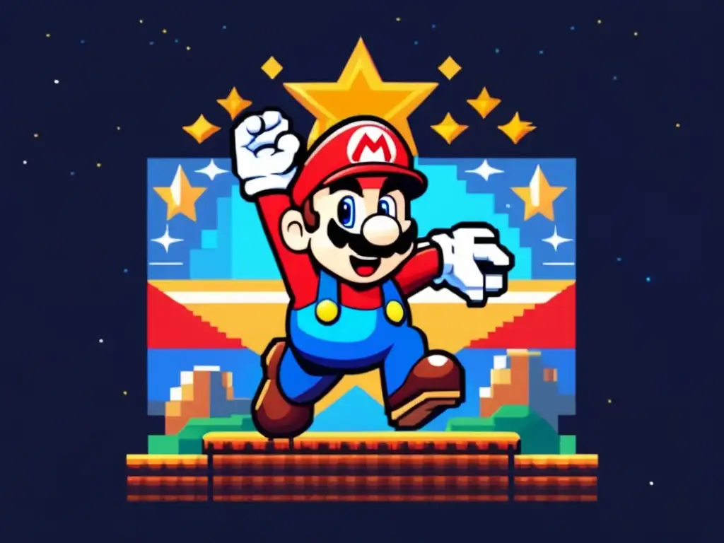 Mario, el icónico personaje de videojuegos, salta triunfante sobre una estrella dorada en un paisaje retro de 8 bits.