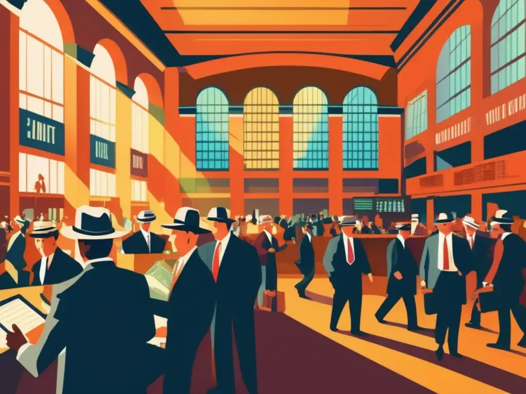 Una ilustración vintage de un animado piso de bolsa, con traders comerciando frenéticamente. Evoca la emoción y energía de los mercados financieros.
