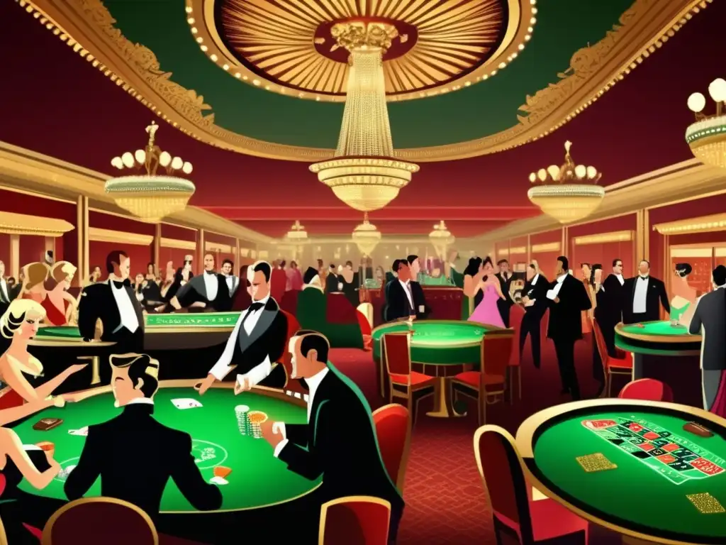 Una ilustración vintage de un bullicioso casino del siglo XIX, con elegantes jugadores y una opulenta decoración, capturando la emoción de los juegos de azar y la historia económica.