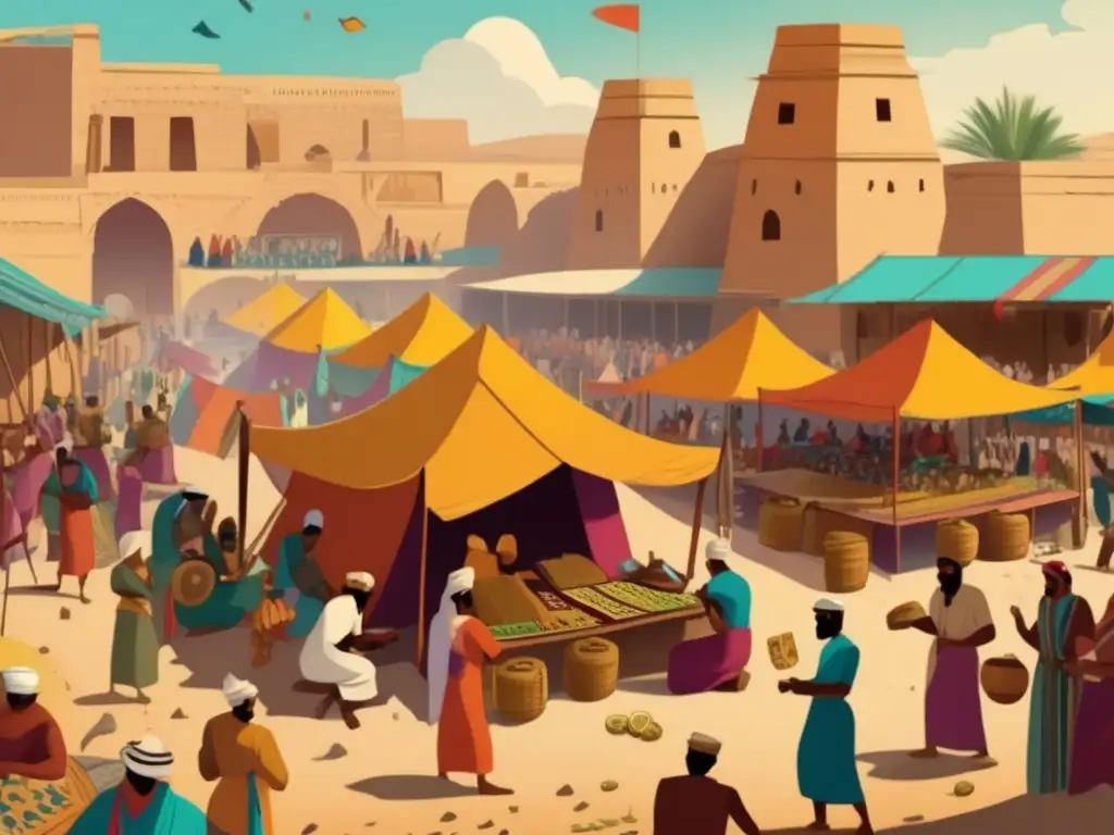 Una ilustración vintage de un bullicioso mercado en la antigua Mesopotamia, con juegos de azar y una vibrante energía cultural que destaca la historia y el impacto cultural de los juegos de azar en la región del Medio Oriente.