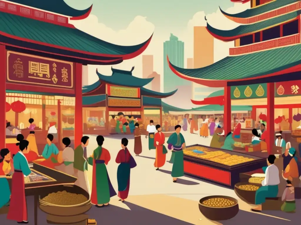 Una ilustración vintage de un bullicioso mercado asiático con juegos de azar tradicionales, detallando jugadores, vendedores y decoraciones coloridas. <b>La escena irradia una atmósfera vibrante, capturando la importancia cultural e histórica del juego en Asia.</b> El arte muestra la arquitectura intric