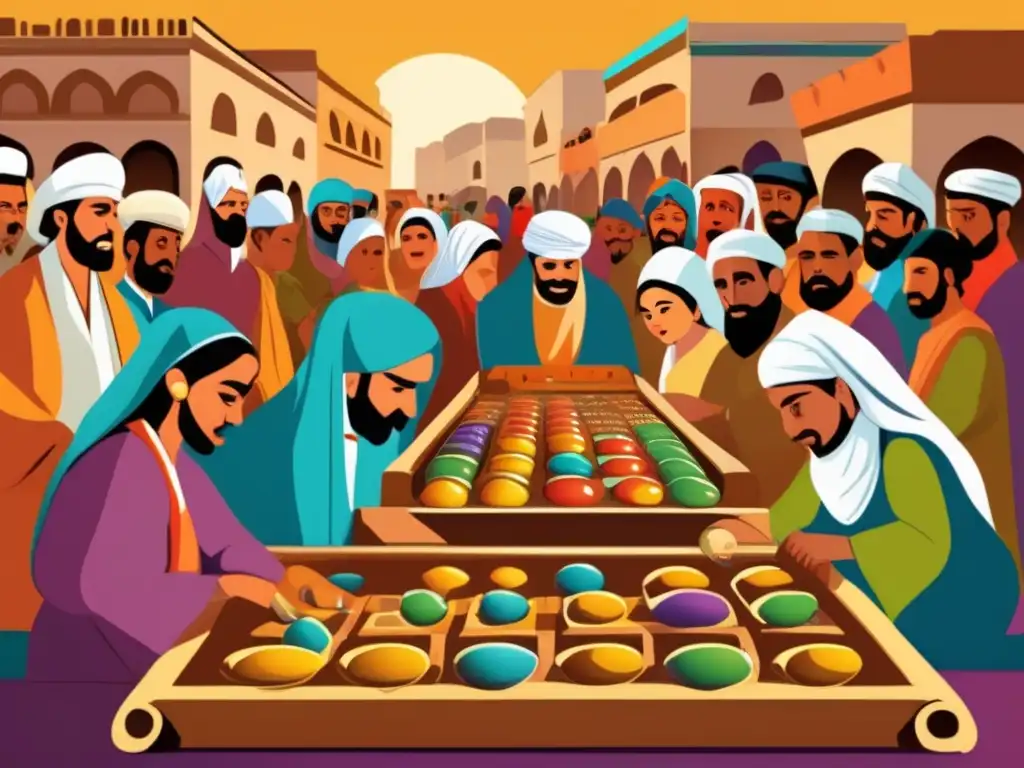 Una ilustración vintage de un bullicioso mercado del Medio Oriente, con personas de todas las edades reunidas alrededor de un tablero de Mancala, inmersas en el juego estratégico. Los colores vibrantes de los puestos del mercado y la vestimenta tradicional crean una atmósfera animada