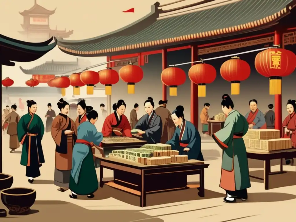 Una ilustración vintage de un bullicioso mercado del siglo XIX en China, donde se venden tradicionales juegos de Mahjong y se juega intensamente en mesas al aire libre. Los detalles intrincados capturan la atmósfera de la época y resaltan la importancia histórica del Mahjong en la cultura china