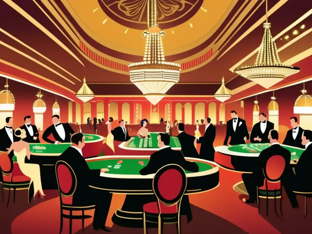 Una ilustración vintage de un bullicioso y ornamentado casino de los años 1920, con elegantes clientes jugando diversos juegos de azar bajo el brillo de candelabros y la atenta mirada de un elegante crupier. La escena emana lujo y emoción, con una arquitectura ricamente