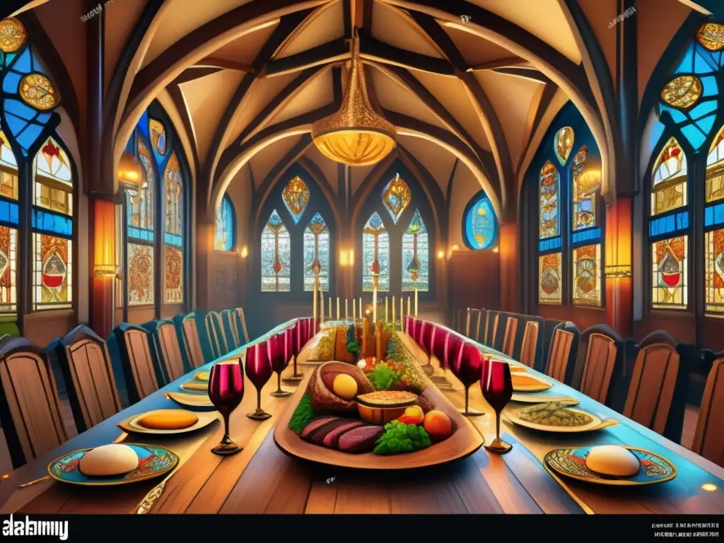 Una ilustración detallada de un banquete medieval con nobles, banquetes y simbolismo antiguo juego mesa.