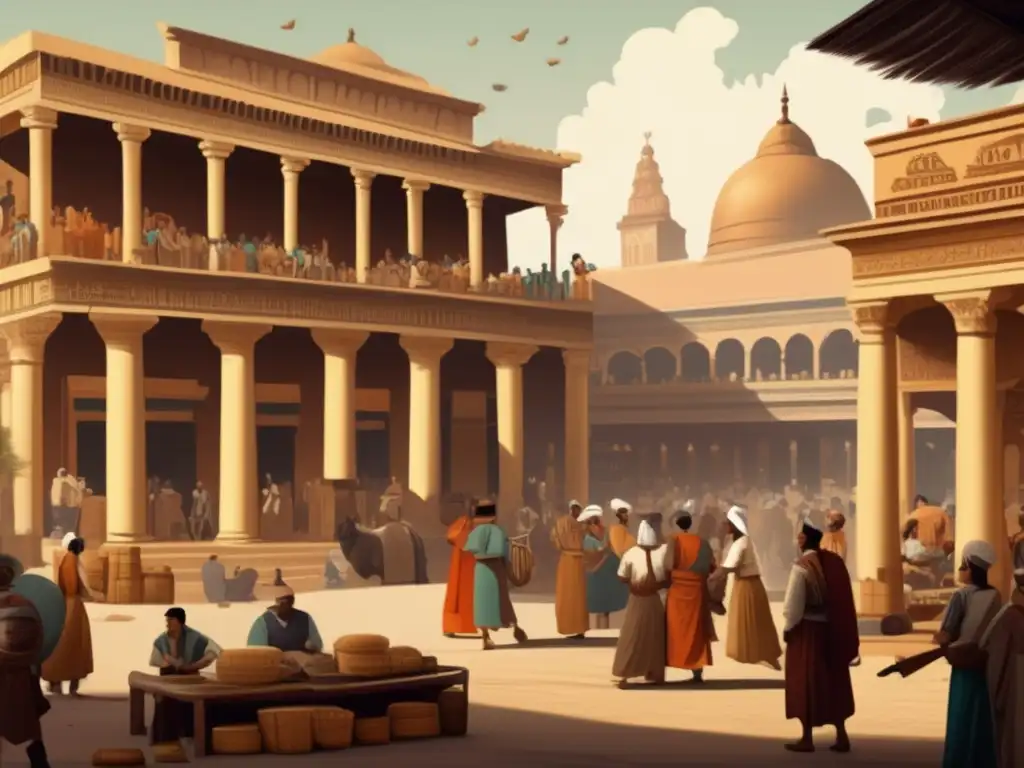 Una ilustración detallada de un bullicioso mercado antiguo, con mercaderes regateando, soldados planeando estrategias y ciudadanos realizando sus actividades diarias. El escenario está rodeado de arquitectura antigua, con columnas ornamentadas y tallados intrincados, capturando la esencia de la