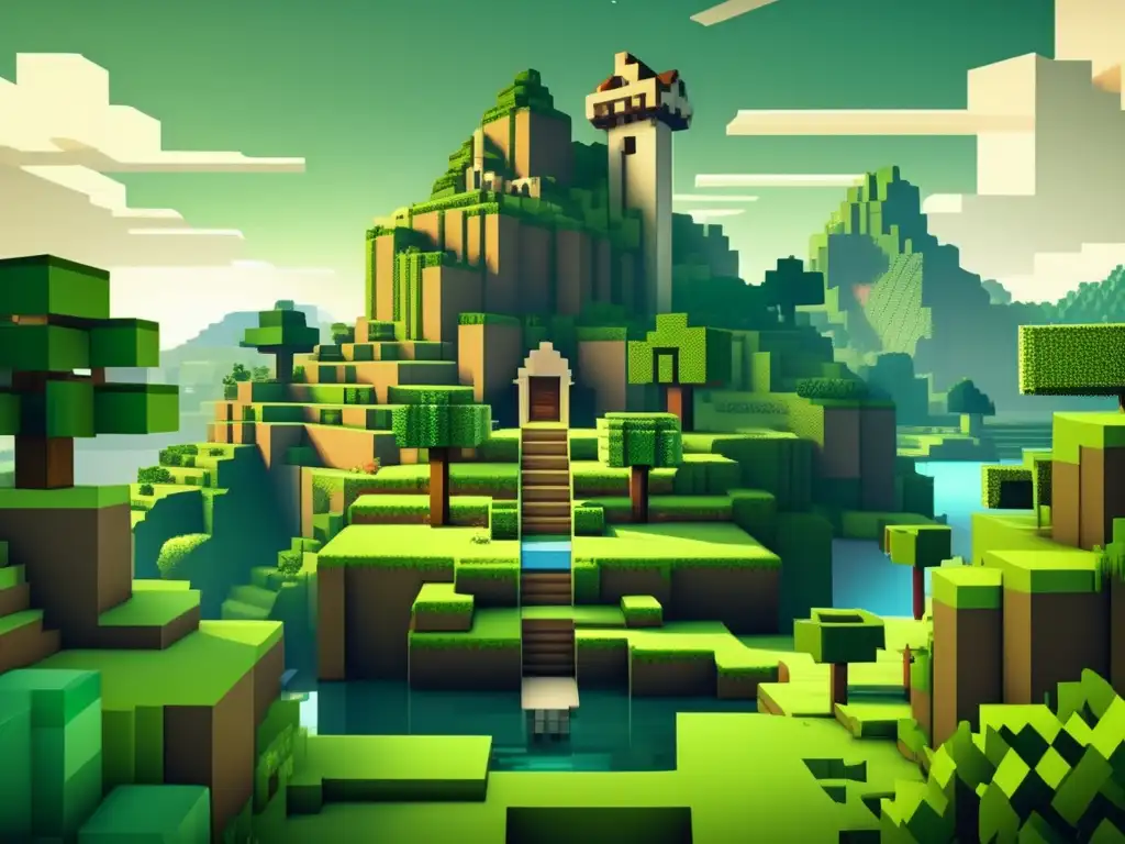 Una ilustración detallada al estilo vintage del paisaje original de Minecraft, con terreno pixelado, exuberante vegetación y arquitectura en bloques. Refleja la evolución gráfica del juego con un estético nostálgico y retro, que representa el impacto cultural de Minecraft en arquitectura.