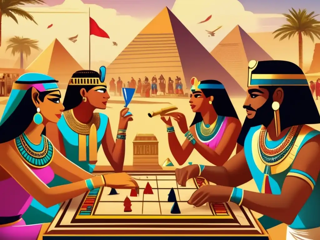 Una ilustración detallada en estilo vintage muestra nobles y plebeyos egipcios jugando. <b>Rituales de juego en el antiguo Egipto.