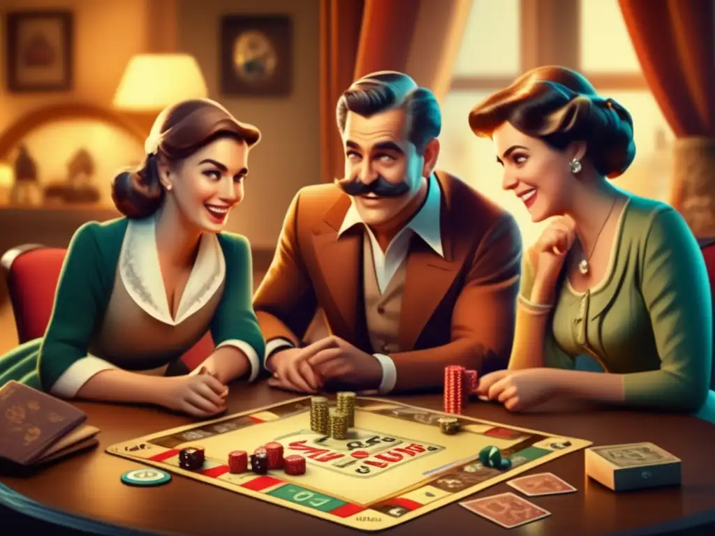 Una ilustración detallada en 8k de una familia jugando un juego de mesa vintage, mientras aprenden lecciones financieras de forma divertida.