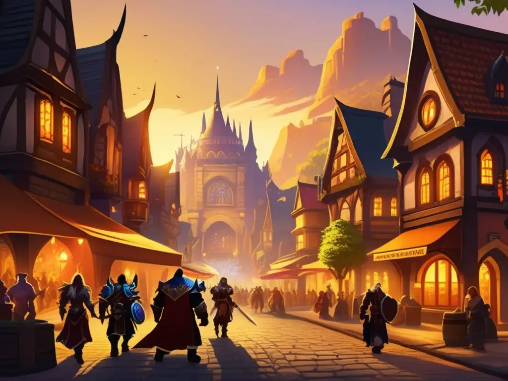 Una ilustración detallada y nostálgica de una bulliciosa ciudad en el universo de World of Warcraft. Impacto cultural World of Warcraft.