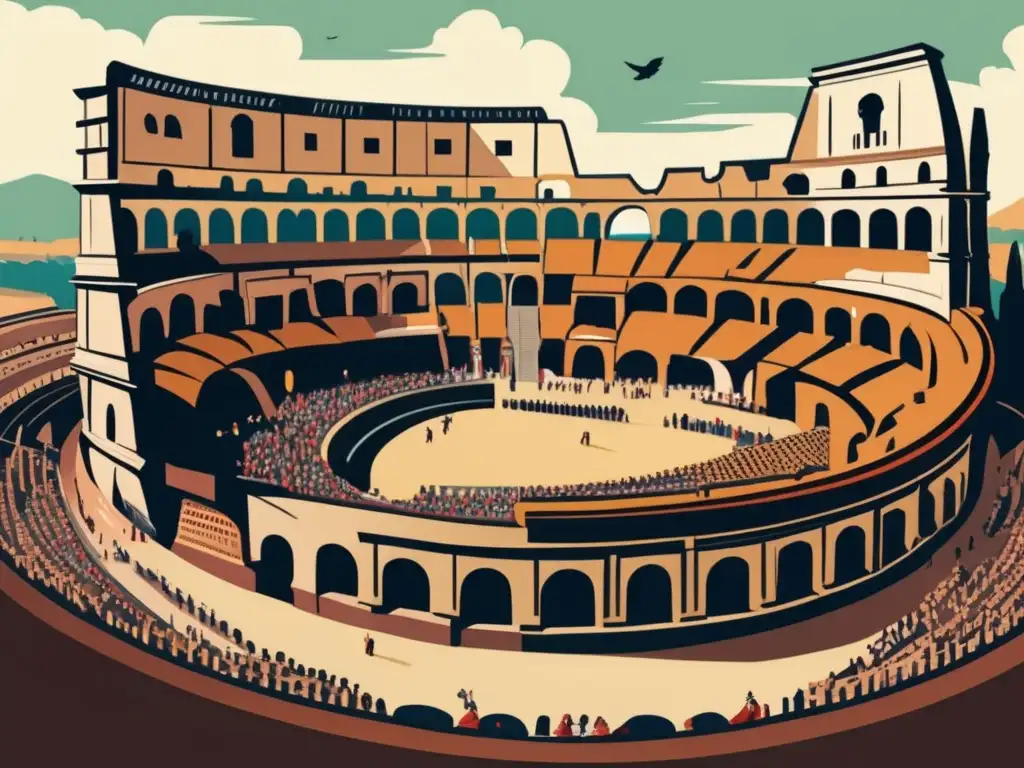Una ilustración detallada y vintage del Coliseo Romano abarrotado de espectadores animados, con combates de gladiadores y carreras de carros. La arquitectura está ricamente detallada, capturando la atmósfera vibrante de la antigua Roma y el entretenimiento en la política rom