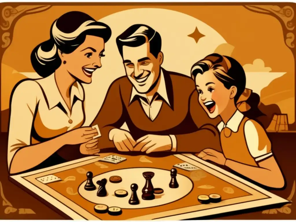 Una ilustración detallada vintage de una familia disfrutando de un juego de mesa, con expresiones de emoción y concentración. Los tonos cálidos evocan nostalgia y diversión atemporal, mientras que los detalles del juego muestran lecciones financieras y estratégicas.