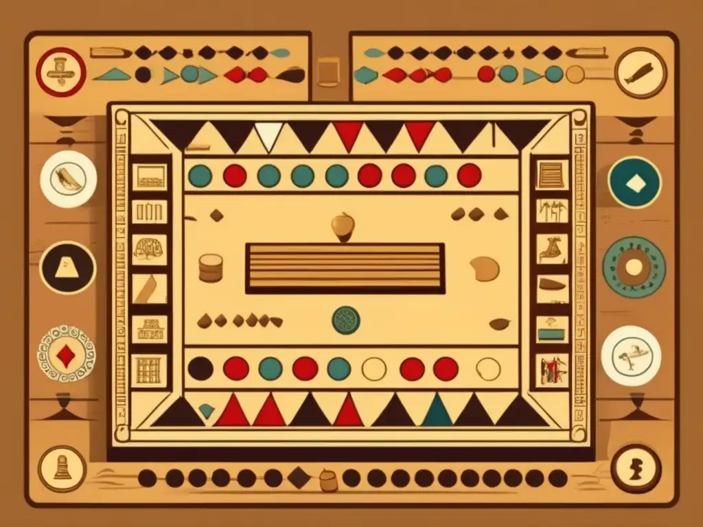 Una ilustración detallada vintage de personas jugando antiguos juegos de mesa como Senet o Ludus Latrunculorum, con diseños intrincados y diversas piezas sobre una mesa de madera. Evoca nostalgia y el interés académico en la evolución de los juegos de mesa y su influencia en el desarrollo cognit