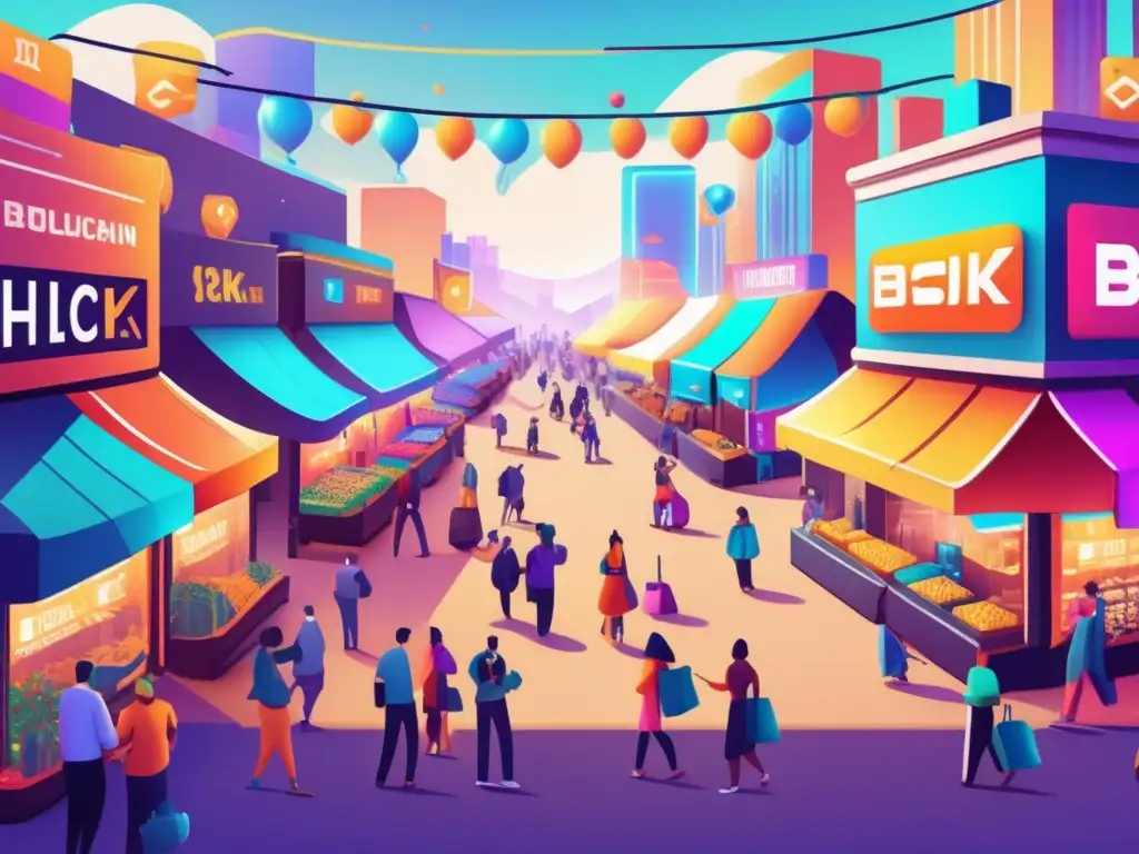 Mercado virtual en 8k: emoción blockchain Una ilustración vintage en 8k de un bullicioso mercado con personas intercambiando bienes virtuales usando tecnología blockchain. La escena rebosa energía y potencial, capturando la emoción de la adopción masiva de juegos Blockchain.